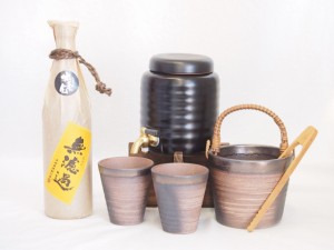 本格焼酎サーバー1000cc(18cm×24cm 1kg)萬古焼ペアカップ氷入れ竹トングセット井上酒造 本格麦焼酎 無濾過独奏会りさいたる27° (大分県