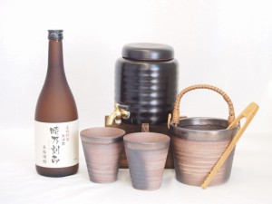 本格焼酎サーバー1000cc(18cm×24cm 1kg)萬古焼ペアカップ氷入れ竹トングセット宮崎本店 本格米焼酎 長期貯蔵時乃刻印 (三重県) 720ml×1