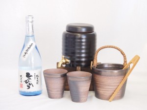 本格焼酎サーバー1000cc(18cm×24cm 1kg)萬古焼ペアカップ氷入れ竹トングセット恒松酒造 自家栽培米純米焼酎ひのひかり (熊本県) 720ml×