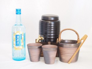 本格焼酎サーバー1000cc(18cm×24cm 1kg)萬古焼ペアカップ氷入れ竹トングセット ジャスミン茉莉花 500ml×1本