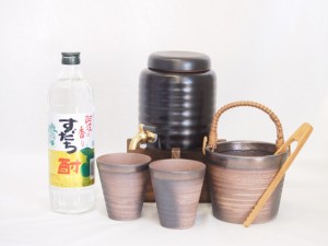 本格焼酎サーバー1000cc(18cm×24cm 1kg)萬古焼ペアカップ氷入れ竹トングセット日新酒類 阿波の香りすだち酎 (徳島県) 720ml×1本