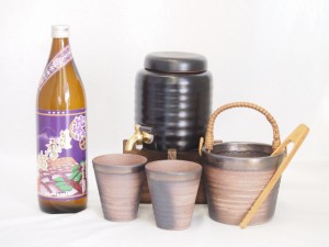 本格焼酎サーバー1000cc(18cm×24cm 1kg)萬古焼ペアカップ氷入れ竹トングセット濱田酒造 本格芋焼酎 鹿児島県産紫芋使用紫薩摩富士 (鹿児