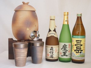 信楽焼・明山窯　焼酎サーバー　火色金小紋　2200ｃｃ(滋賀県)+萬古焼・備前金彩焼酎ペアカップ(三重県)+芋焼酎 魔王 森伊蔵 720ml  三岳