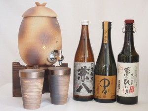 信楽焼・明山窯　焼酎サーバー　火色金小紋　2200ｃｃ(滋賀県)+萬古焼・備前金彩焼酎ペアカップ(三重県)+芋焼酎 兼八 中々 麦焼酎 5年長