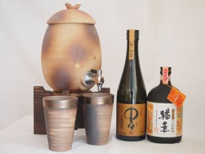 信楽焼・明山窯　焼酎サーバー　火色金小紋　2200ｃｃ(滋賀県)+萬古焼・備前金彩焼酎ペアカップ(三重県)+芋焼酎 中々 猶薫 720ml