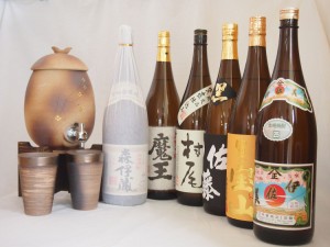 信楽焼・明山窯　焼酎サーバー　火色金小紋　2200ｃｃ(滋賀県)+萬古焼・備前金彩焼酎ペアカップ(三重県)+芋焼酎 佐藤黒 富乃宝山 魔王 森