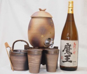 信楽焼・明山窯　焼酎サーバー　火色金小紋　2200ｃｃ(滋賀県)+萬古焼・備前金彩焼酎ペアカップ 氷入れ(三重県)+芋焼酎 白玉醸造 魔王 18