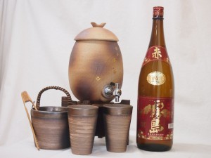 信楽焼・明山窯　焼酎サーバー　火色金小紋　2200ｃｃ(滋賀県)+萬古焼・備前金彩焼酎ペアカップ 氷入れ(三重県)+芋焼酎 霧島酒造 赤霧島 