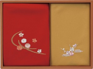 春の贈り物ギフト　刺繍入り二巾風呂敷&金封包み 洛北 赤/金茶 風呂敷：71×70cm、金封包み：38×37cm