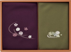 春夏の贈り物ギフト 刺繍入り二巾風呂敷&金封包み 洛北 紫/利久 風呂敷：71×70cm、金封包み：38×37cm