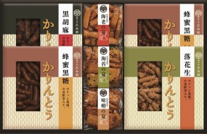 夏の贈り物お中元 かりんとう・あられ詰合せ 蜂蜜黒糖かりんとう（40g）×2、黒胡麻かりんとう・落花生かりんとう（各40g）・あられ（海