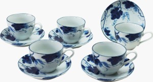 春の贈り物ギフト　藍染ぶどうコーヒー5客セット 碗（直径8.6×6.5cm）・皿（直径13.6×2.8cm）×各5