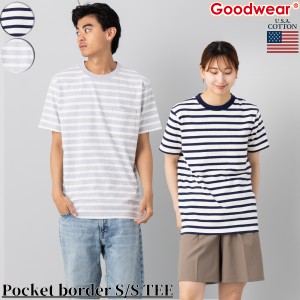 グッドウェア Goodwear USAコットン ポケットボーダーTシャツ メンズ レディース ユニセックス 春 夏 Tシャツ カジュアル 半袖 シャツ コ