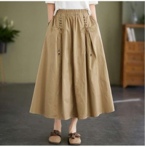 [月初SALE] 春新作 予約商品 大きいサイズ レディース スカート ロング ウエストゴム デザイン紐 フレア M L LL 3L 韓国ファッション 大