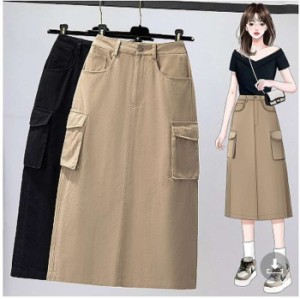 [月初SALE] 春新作 予約商品 大きいサイズ レディース スカート ミモレ 後ろスリット ポケット M L LL 3L 4L 5L 韓国ファッション 大人カ