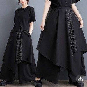 [月初SALE] 春新作 予約商品 大きいサイズ レディース スカーチョ ワイドパンツ ストライプ ウエストゴム フリーサイズ 韓国ファッション