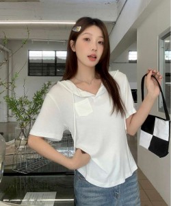 春新作 予約商品 大きいサイズ レディース tシャツ 半袖 パーカー フード ポケット シンプル 韓国ファッション L LL 3L 4L 5L 大人 30代 