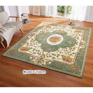 カーペット 絨毯 約200×250cm グリーン ホットカーペット対応 床暖房対応 花柄 シェニール ゴブラン織 ラグ マット