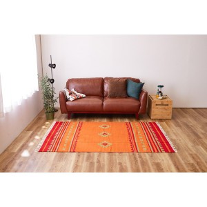 ラグマット 絨毯 約140×200cm オレンジ アンシュ ウール100％ ホットカーペット 床暖房対応 手織りウールのキリム リビング