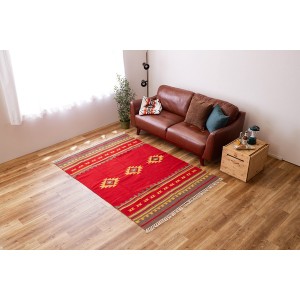 ラグマット 絨毯 約140×200cm レッド アンシュ ウール100％ ホットカーペット 床暖房対応 手織りウールのキリム リビング