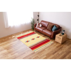 ラグマット 絨毯 約140×200cm ゴールド ウール100％ ホットカーペット 床暖房対応 手織りウールのキリム リビング