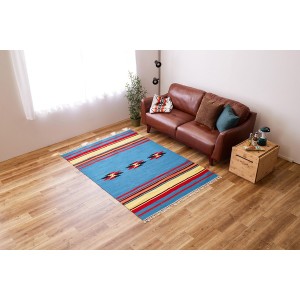 ラグマット 絨毯 約140×200cm ターコイズ ウール100％ ホットカーペット 床暖房対応 手織りウールのキリム リビング