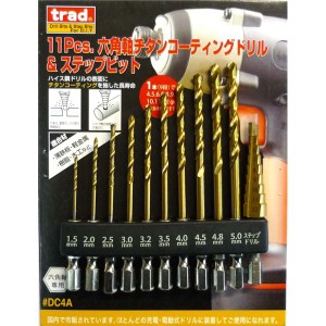 TRAD 六角軸ドリル＆ステップビットセット/先端工具 〔11個入り〕 ホルダー付き DC4A 〔DIY用品 日曜大工〕