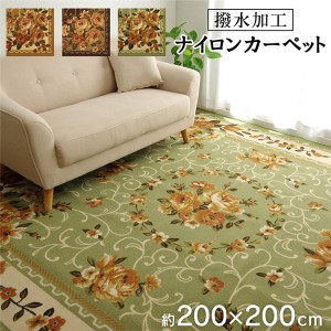 花柄 ラグマット/絨毯 〔グリーン 約200×200cm〕 洗える 撥水 速乾 ナイロン オールシーズン 〔リビング〕