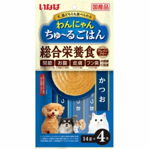 （まとめ買い）いなばペットフード わんにゃんちゅ〜るごはん かつお 14g×4本 犬猫用フード 〔×16〕