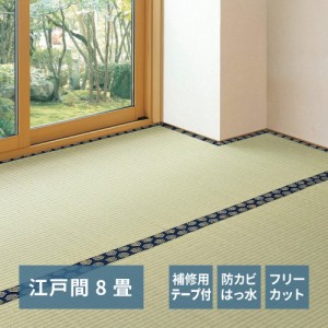 フリーカット裏付き い草カーペット 〔みすず〕 補修テープ付き 江戸間 8帖（352×352cm） グリーン