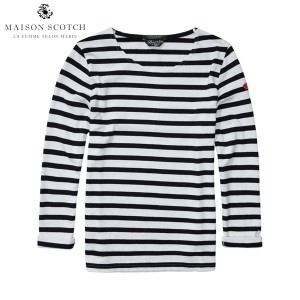 メゾンスコッチ レディース Tシャツ ロンT 正規販売店 MAISON SCOTCH 長袖Tシャツ Long sleeve striped t-shirt with '1977' badge on sl