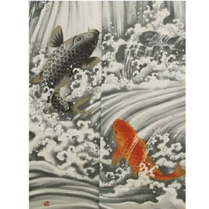 日本画風・縁起物のれん 鯉の滝登り（こいのたきのぼり） クッション・ファブリック 室内用のれん 9833660 縁起物 和風 のれん 日本 土産