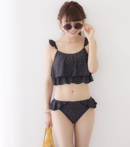 桃プロデュース BEACH WEAR ドット柄フレア水着3点セット フリルストラップとパンツウエストのレースアップがポイント！