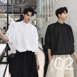 送料無料 デザインバンドカラーシャツ プリーツ ショートスリーブ ノー