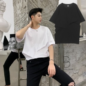 韓国 ファッション メンズ 一味違う アシンメトリ ビッグTシャツ メンズ 半袖 ティーシャツ ジェンダーレス ビッグシルエット ビッグサイ