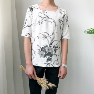 メンズ スクエアネック リネン 麻 デザインティーシャツ ハーフスリーブ チャイナシャツ チャイナ風 中国 和風 花柄 メンズ