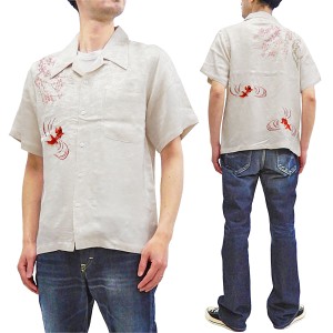 花旅楽団 桜金魚刺繍 ジャガードシャツ SS-002 メンズ レーヨン 和柄 半袖シャツ オフ白 新品