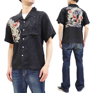 花旅楽団 龍刺繍 ジャガードシャツ SS-003 メンズ レーヨン 和柄 半袖シャツ ブラック 新品