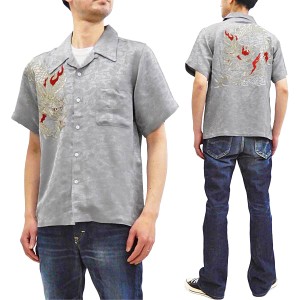 花旅楽団 龍刺繍 ジャガードシャツ SS-003 メンズ レーヨン 和柄 半袖シャツ グレー 新品
