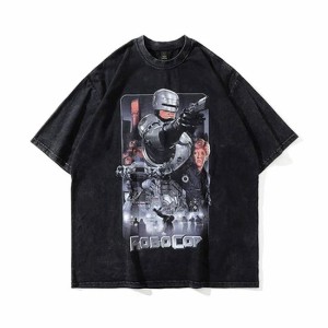 ★ビッグシルエットユニセックスTシャツ　メンズ レディース半袖Tシャツ 映画 アートTシャツ　Robo cop ロボコップ 色落ちブラック