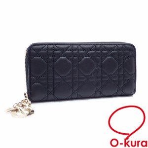 中古 クリスチャンディオール ラウンドファスナー 長財布 Lady Dior Voyageur ウォレット レディース ブラック 黒 ラムスキン S0007ONMJ_