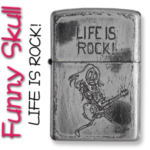 父の日：zippo ジッポーライター ファニースカル ドクロ　髑髏  ル LIFE IS ROCK  人生はロックだ     ユーズド加工 ヤマトメール便対応 