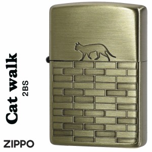 父の日：ZIPPO ジッポーライター CAT walk 真鍮古美　エッチング　両面加工　猫　ネコ  かわいい  送料無料 ヤマトメール便対応 