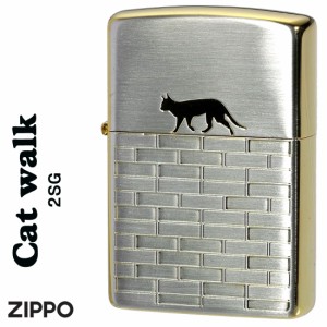 父の日：ZIPPO ジッポーライター CAT walk SGサテン　エッチング　両面加工　猫　ネコ　かわいい  送料無料 ヤマトメール便対応 