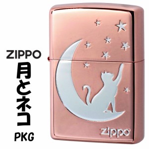 父の日：ZIPPO ライター 月とネコ　ピンクゴールドメッキ　ニッケルメッキ　ポリッシュ仕上げ　TUKINEKO-PKG  送料無料 ヤマトメール便対