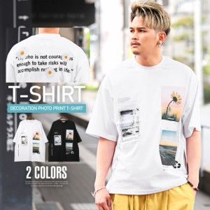 Tシャツ メンズ 半袖 ビッグシルエット プリント フォト コラージュ ロゴプリント 花【デコレーションフォトプリントTシャツ】 aa-1538