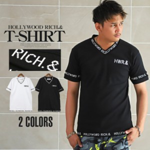 Tシャツ メンズ Vネック 半袖 ロゴ ジャガード【Hollywood rich.&(ハリウッドリッチドットアンド)VネックジャガードリブTシャツ】 aa-171