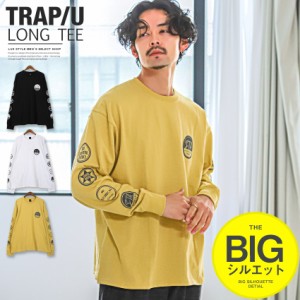 春新作 ロンT メンズ 長袖Tシャツ ワッペンロゴ クルーネック 綿【TRAP/U(トラップユー)ワッペンモチーフ袖プリントBIGロンT】 aa-2255