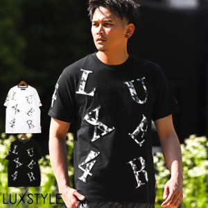 Tシャツ メンズ 半袖 ロゴ タイダイ ムラ柄 アップリケ モノトーン【LUXE/R(ラグジュ)モノトーンタイダイロゴ貼り付けTシャツ】 aa-2537