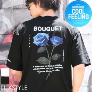 Tシャツ 半袖 メンズ  ビッグシルエット 接触冷感 花柄 薔薇 ロゴ クルーネック 夏【ブルーローズフォトプリント半袖Tシャツ】 aa-3135